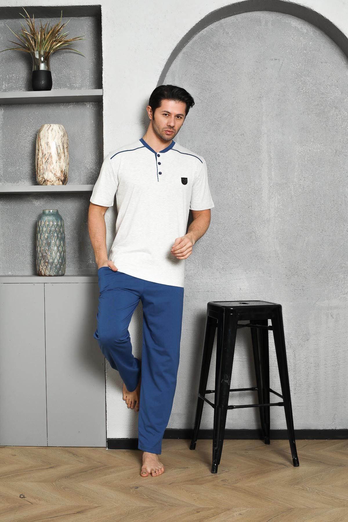 Men's Pajama Set Short Sleeve Summer Single Jersey Buttoned Shoulder Padded Crest Cotton M58302309