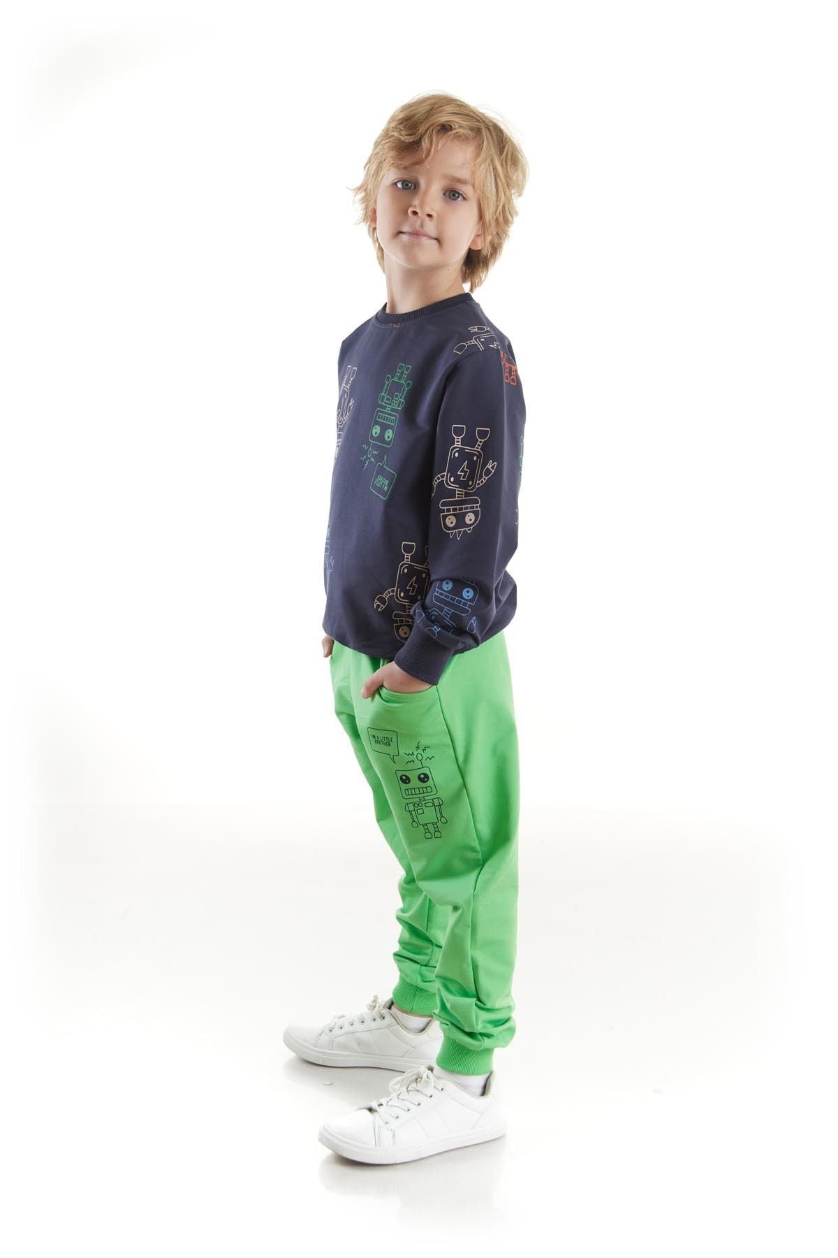 Kids Boys Tracksuit Set Robot Printed Bottom Top Double Set Cotton Seasonal Ak2506