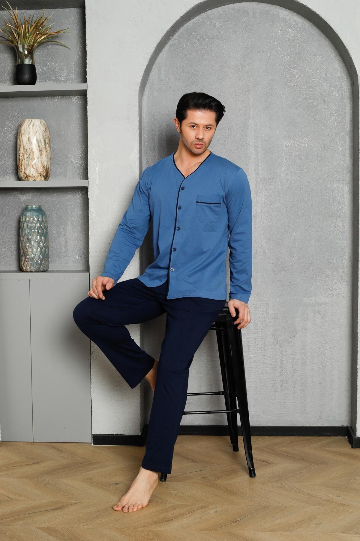 Men's Pajama Set Long Sleeve Single Jersey Long Sleeve Button Down Top Pocket Cotton M58262315