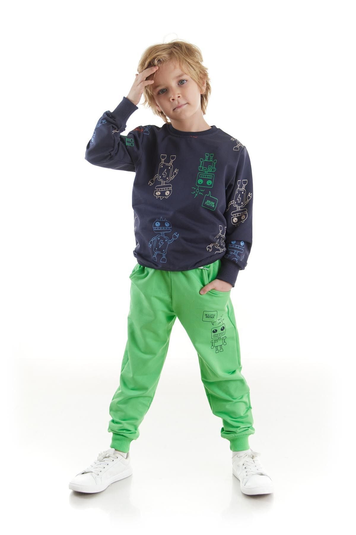 Kids Boys Tracksuit Set Robot Printed Bottom Top Double Set Cotton Seasonal Ak2506