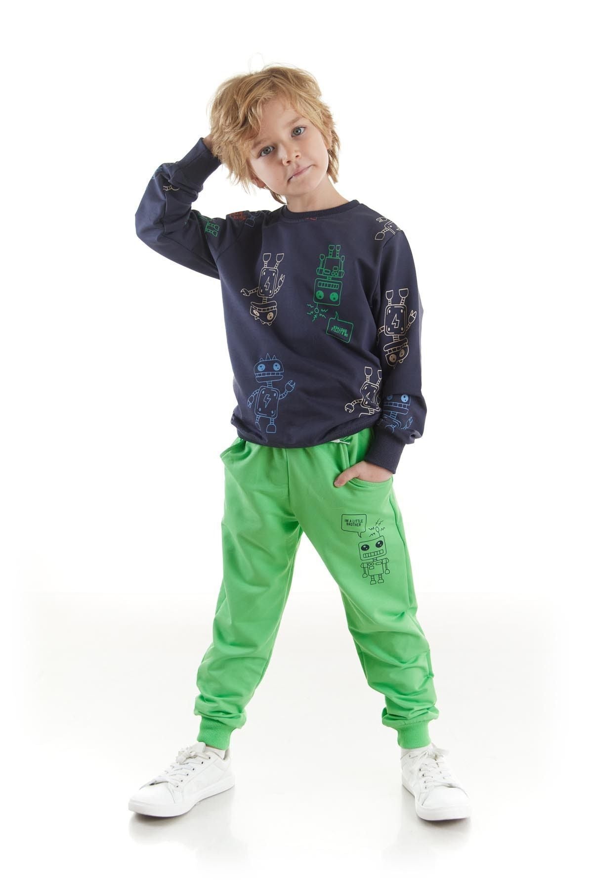 Kids Boys Tracksuit Set Robot Printed Bottom Top Double Set Cotton Seasonal Ak2506