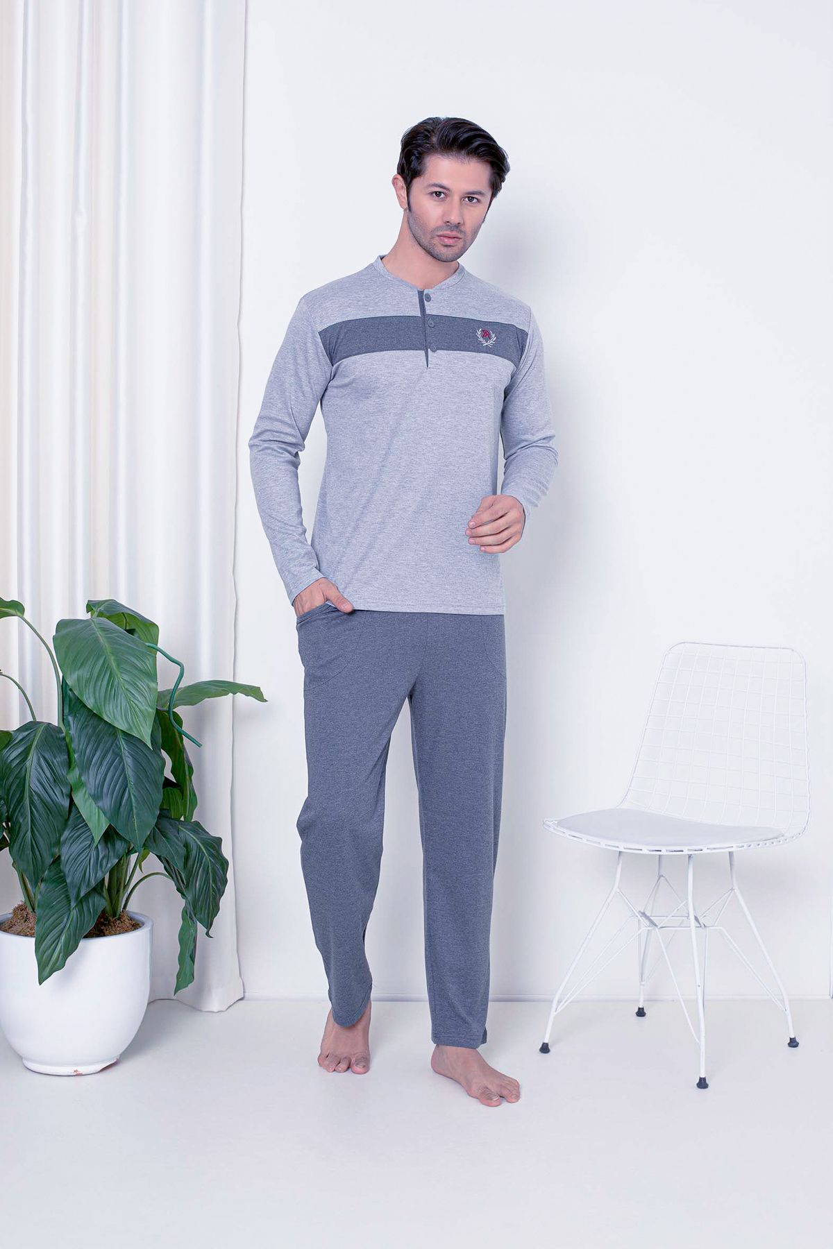 Erkek Pijama Takımı İnterlok Ön Gövde Parçalı Pamuklu Mevsimlik M70062268