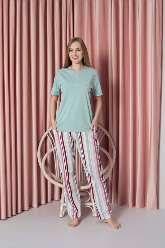 Women's Pajama Set Single Jersey Short Sleeve Bottom Striped Chest Embroidery Cotton W20722328