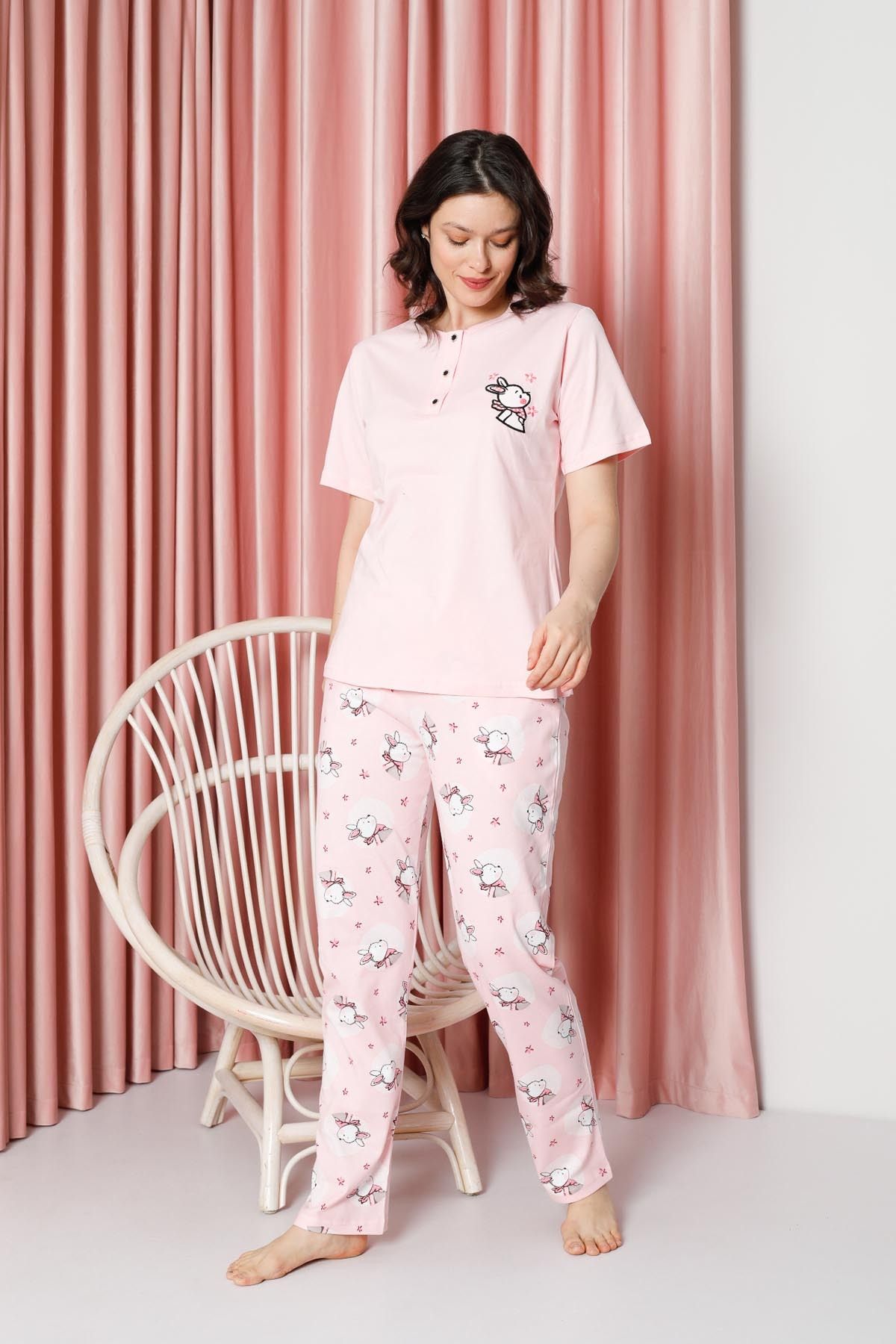 Women's Pajama Set Short Sleeve Rabbit Print Cotton Single Jersey W20642317