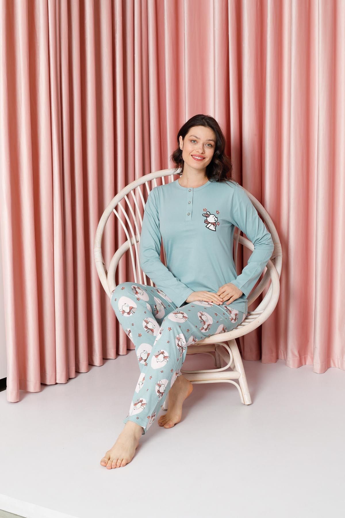 Women's Pajama Set Long Sleeve Rabbit Print Cotton Single Jersey W20632316