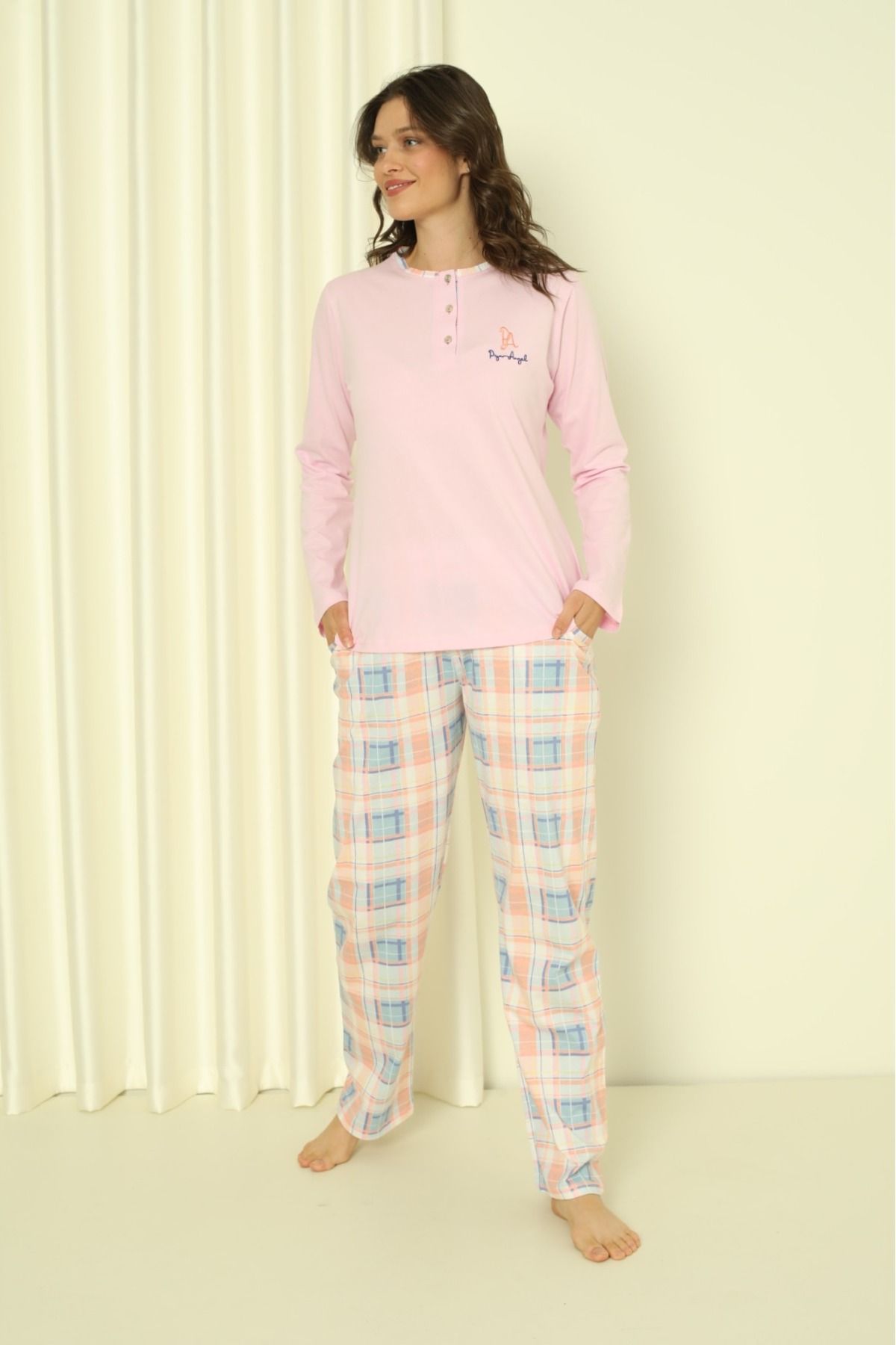 Women's Pajama Set Single Jersey Long Sleeve Under Sleeve Plaid Cotton Seasonal W20302244