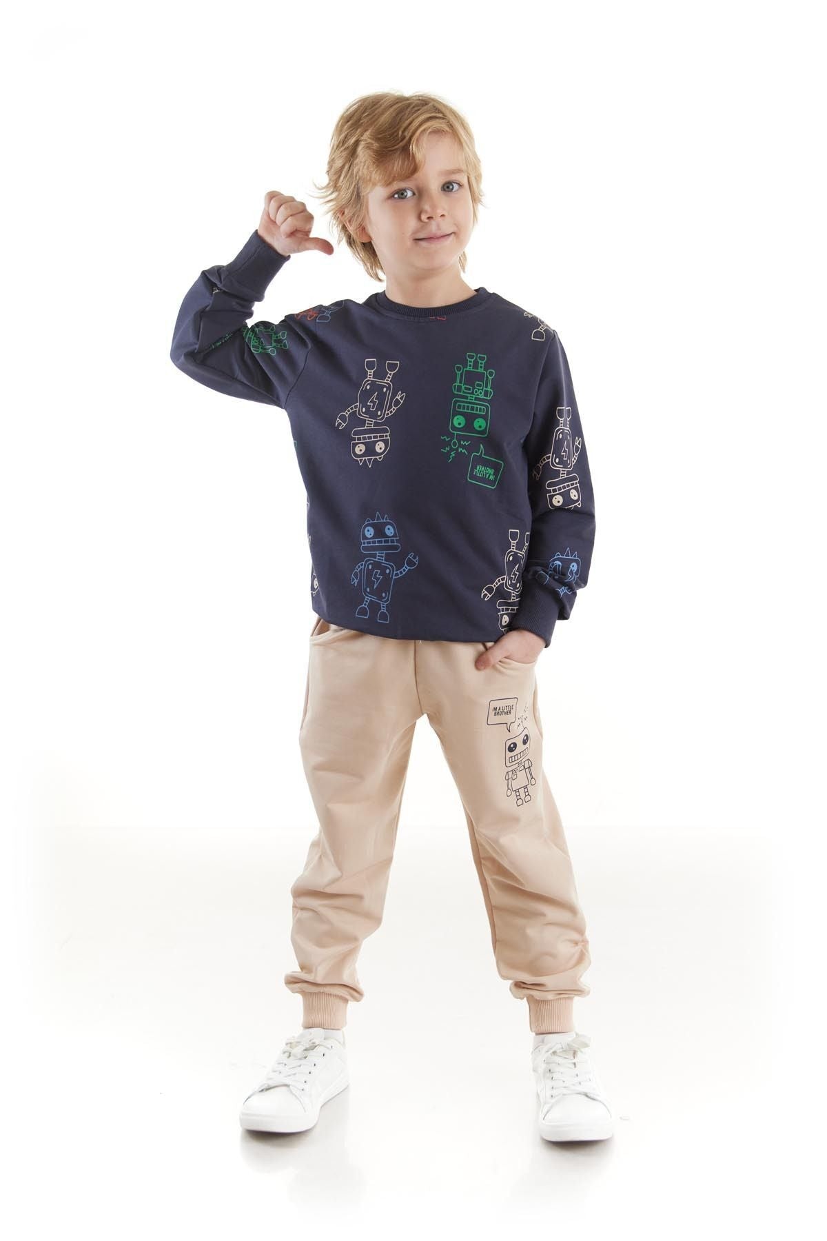 Kids Boys Tracksuit Set Robot Printed Bottom Top Double Set Cotton Seasonal Ak2506