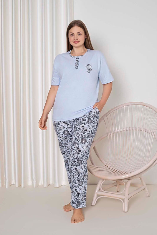 Women's Pajama Set Battal Single Jersey Short Sleeve Big Rose Pattern Cotton W40052349