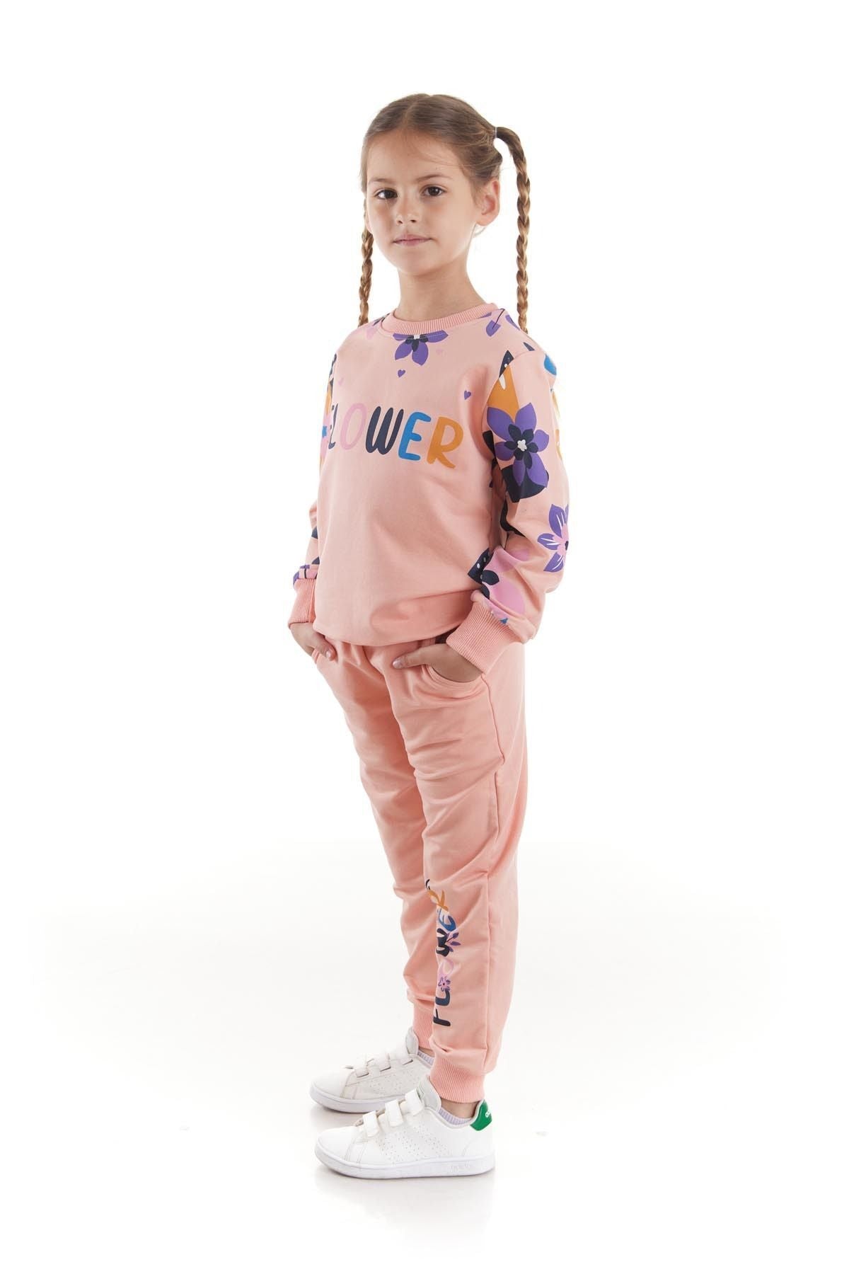 Girl's Tracksuit Set Flower Printed Bottom Top Double Set Cotton Seasonal Ak2505