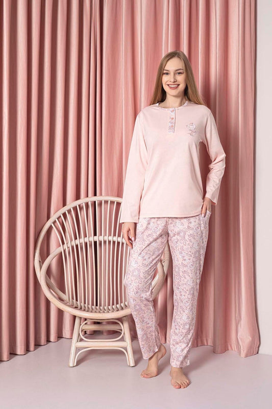 Women's Pajama Set Single Jersey Long Sleeve Rose Pattern Cotton W30092333