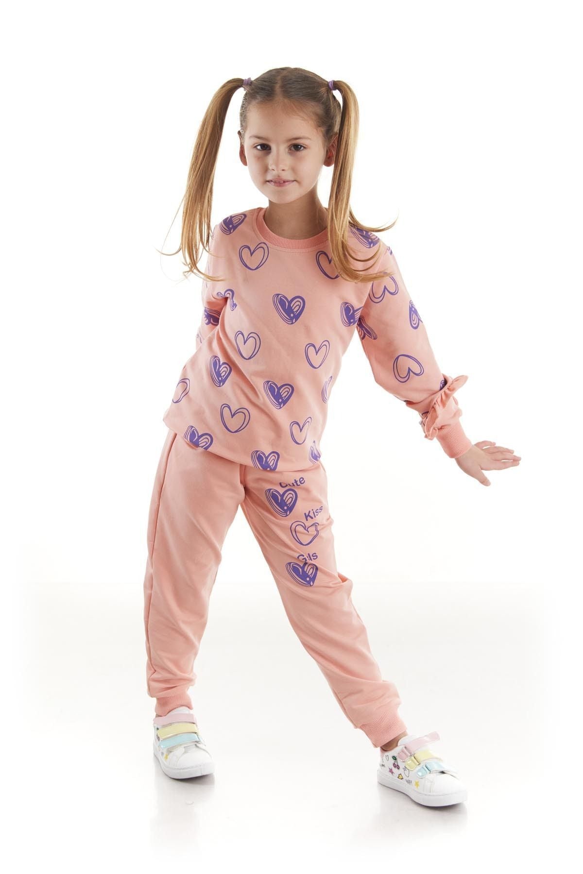 Kids Girls Tracksuit Set Heart Printed Bottom Top Two Piece Set Cotton Seasonal Ak2503