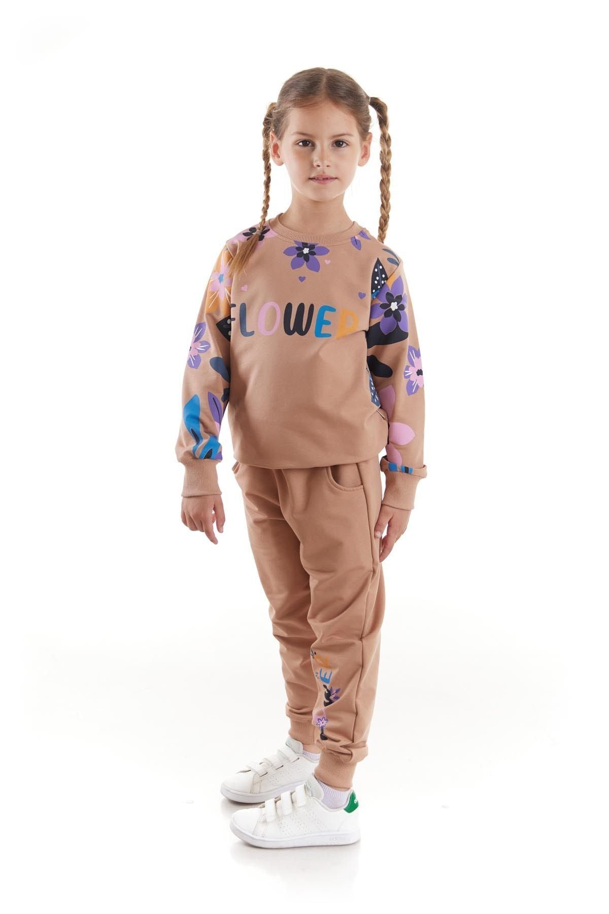 Girl's Tracksuit Set Flower Printed Bottom Top Double Set Cotton Seasonal Ak2505