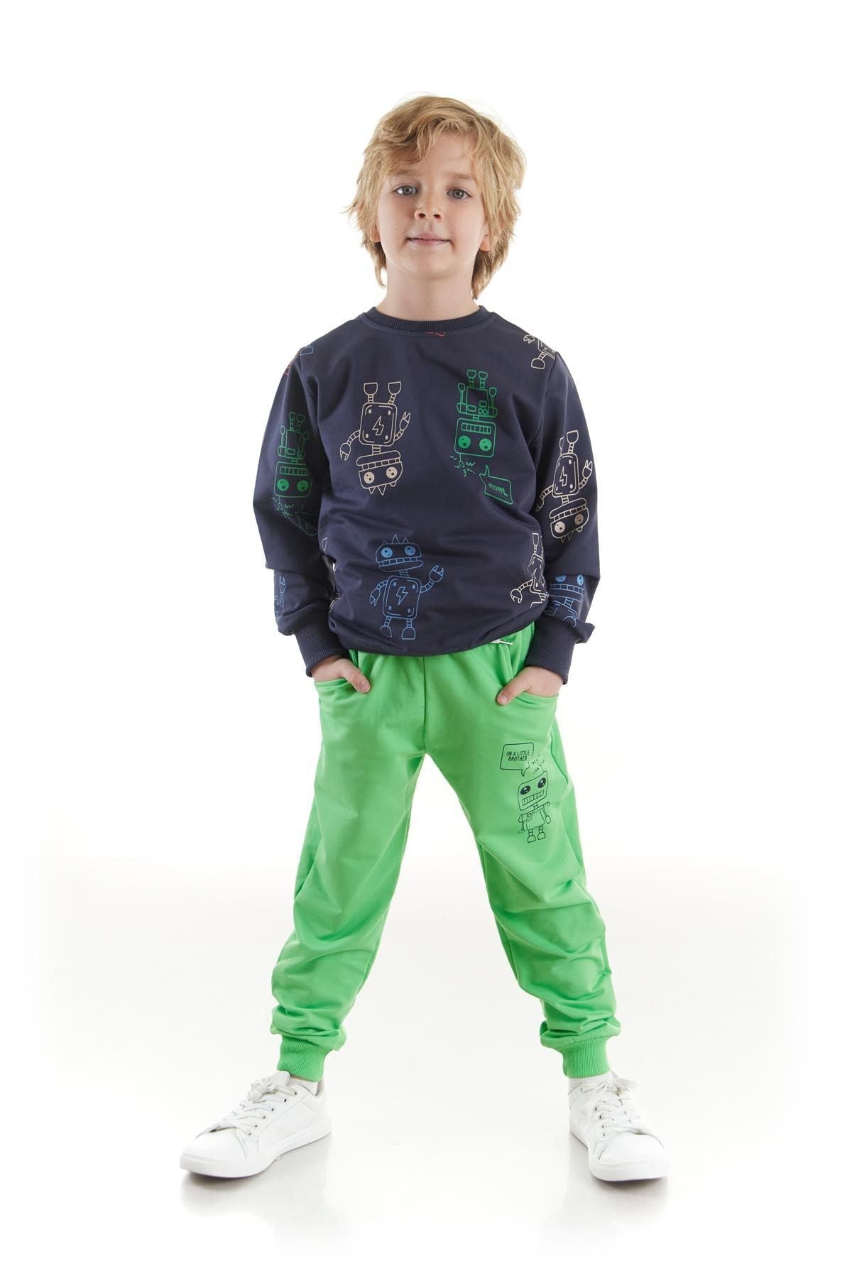 Kids Boys Tracksuit Set Robot Printed Bottom Top Double Set Cotton Seasonal Ak2506