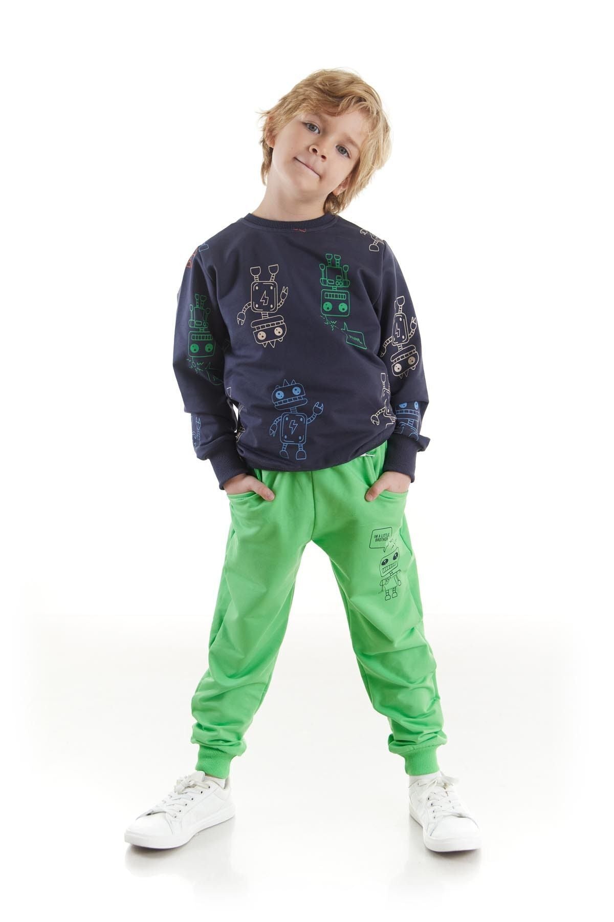 Kids Boys Tracksuit Set Robot Printed Bottom Top Double Set Cotton Seasonal Ak2506