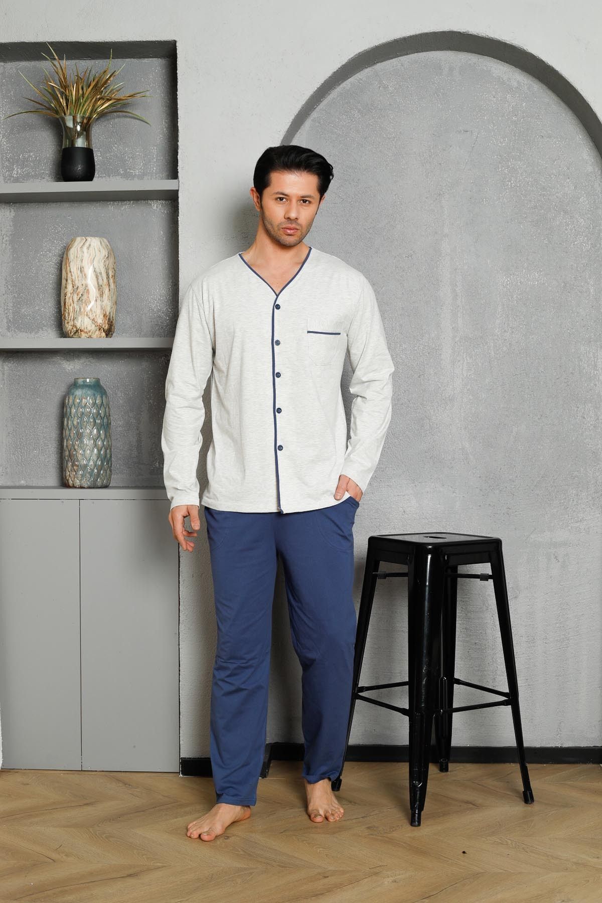 Erkek Pijama Takımı Uzun Kollu Süprem Boydan Düğmeli Üst Cepli Pamuklu M58262315