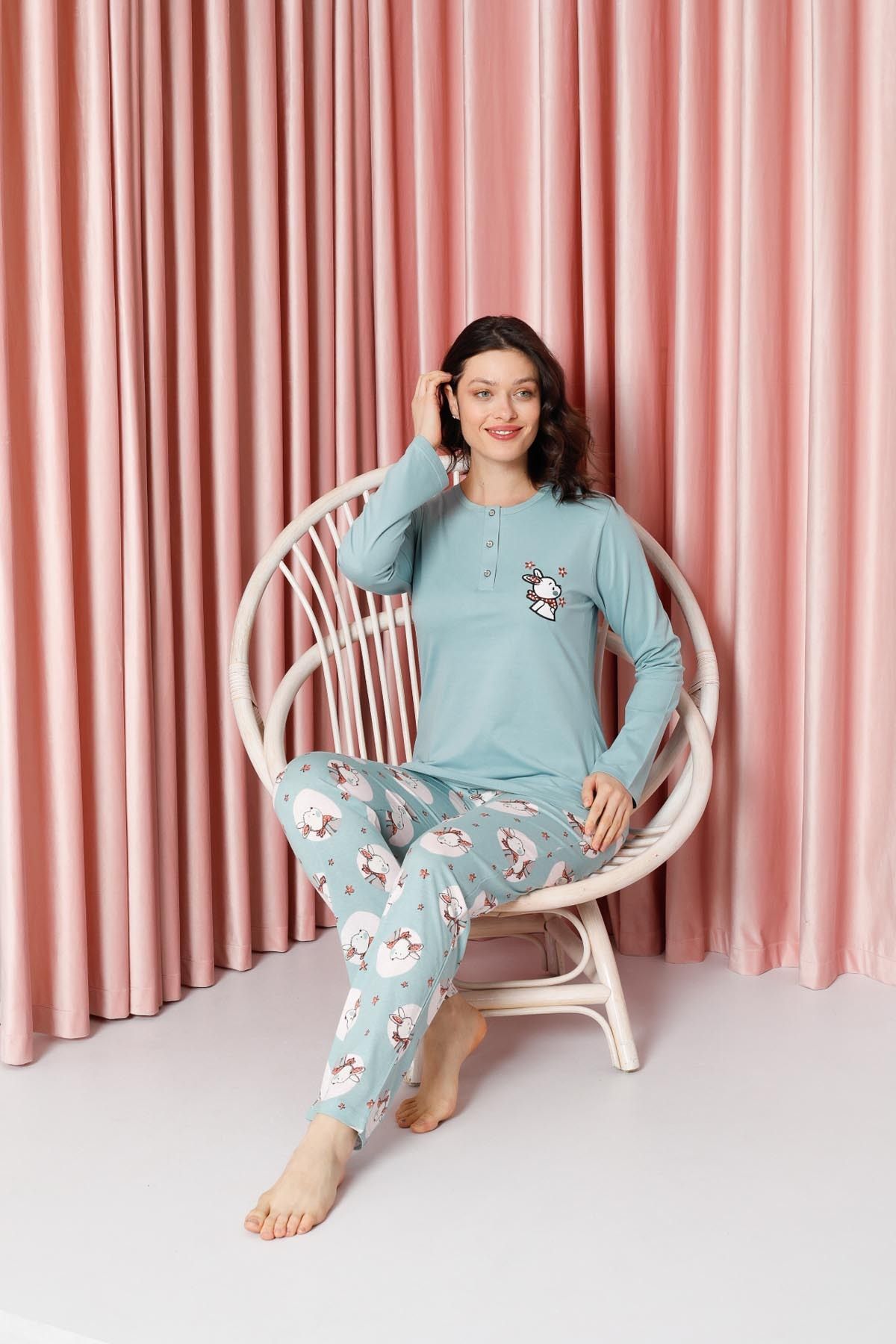 Women's Pajama Set Long Sleeve Rabbit Print Cotton Single Jersey W20632316