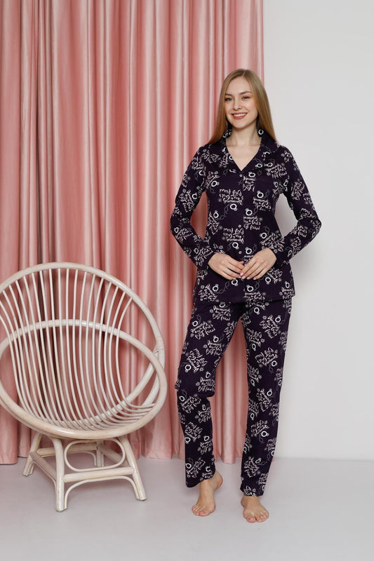 Women's Pajama Set Single Jersey Long Sleeve Long Sleeve Neck Button Down Diamond Printed Cotton Seasonal W20622305