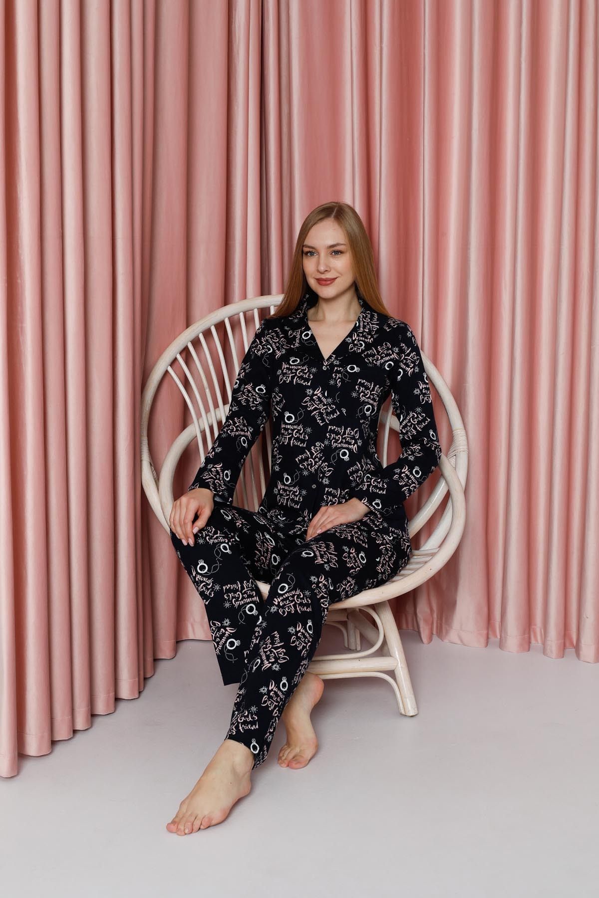 Kadın Pijama Takımı Süprem Uzun Kollu Boydan Düğmeli Diamond Yazılı Pamuklu Mevsimlik W20622305
