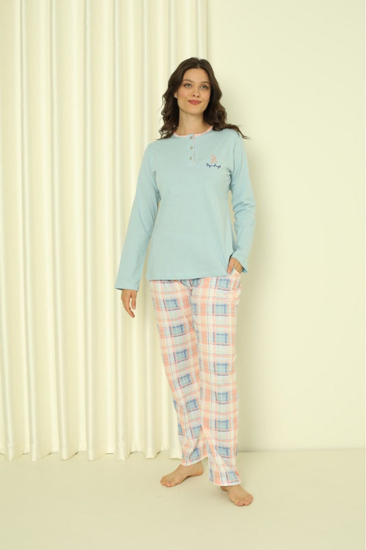 Women's Pajama Set Single Jersey Long Sleeve Under Sleeve Plaid Cotton Seasonal W20302244