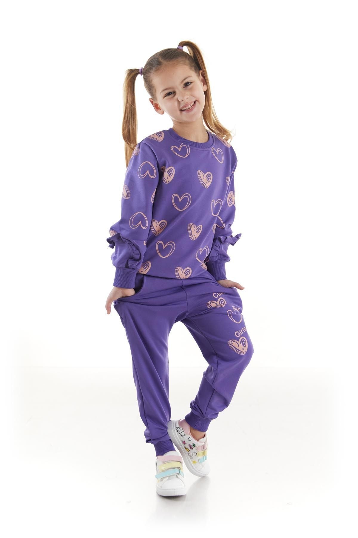 Kids Girls Tracksuit Set Heart Printed Bottom Top Two Piece Set Cotton Seasonal Ak2503