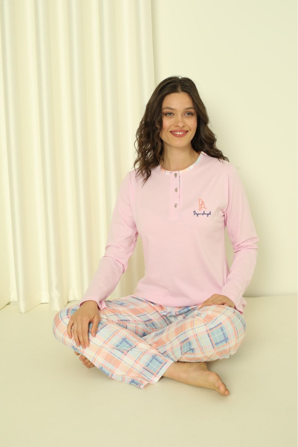 Women's Pajama Set Single Jersey Long Sleeve Under Sleeve Plaid Cotton Seasonal W20302244