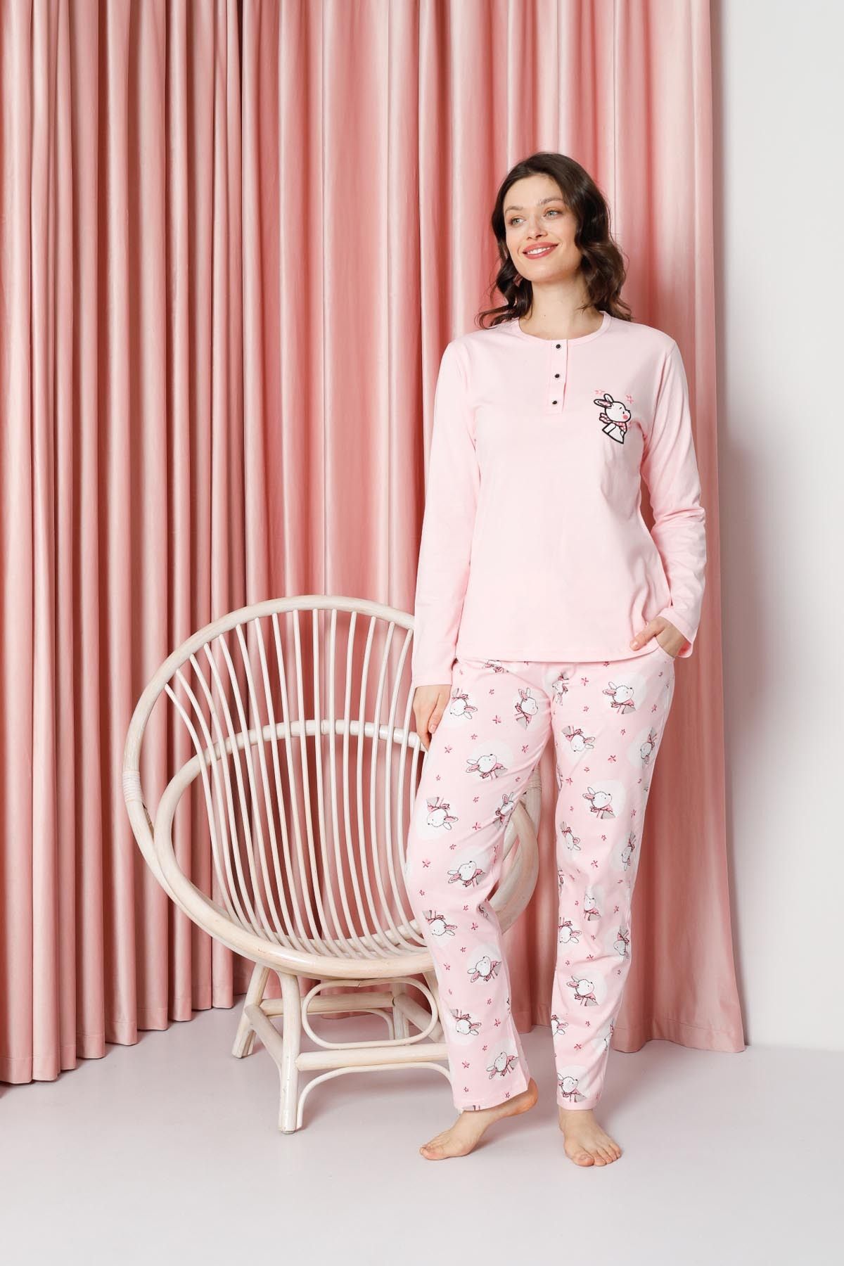 Women's Pajama Set Long Sleeve Rabbit Print Cotton Single Jersey W20632316