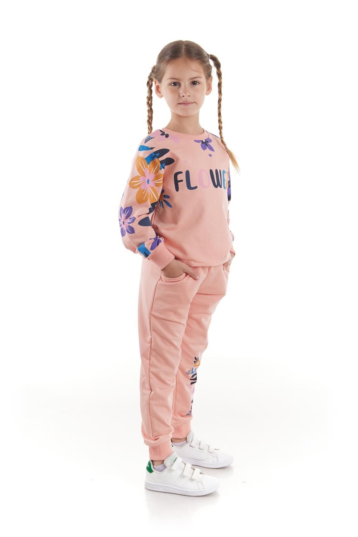 Girl's Tracksuit Set Flower Printed Bottom Top Double Set Cotton Seasonal Ak2505