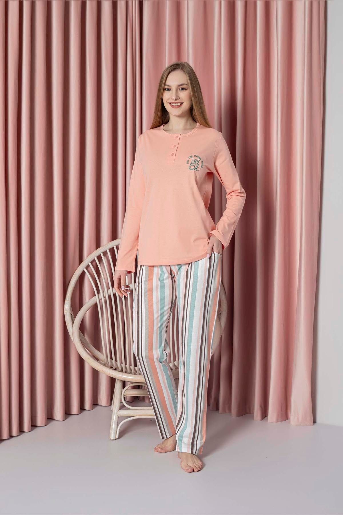 Women's Pajama Set Single Jersey Long Sleeve Bottom Stripe Chest Embroidery Cotton W20712327