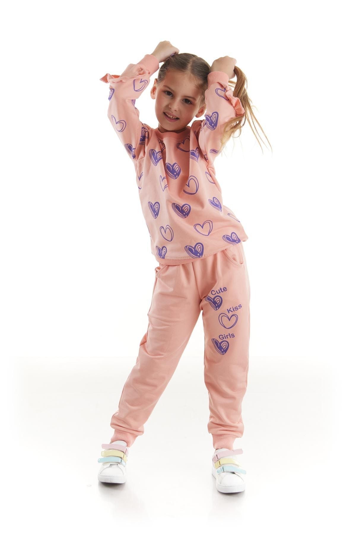 Kids Girls Tracksuit Set Heart Printed Bottom Top Two Piece Set Cotton Seasonal Ak2503