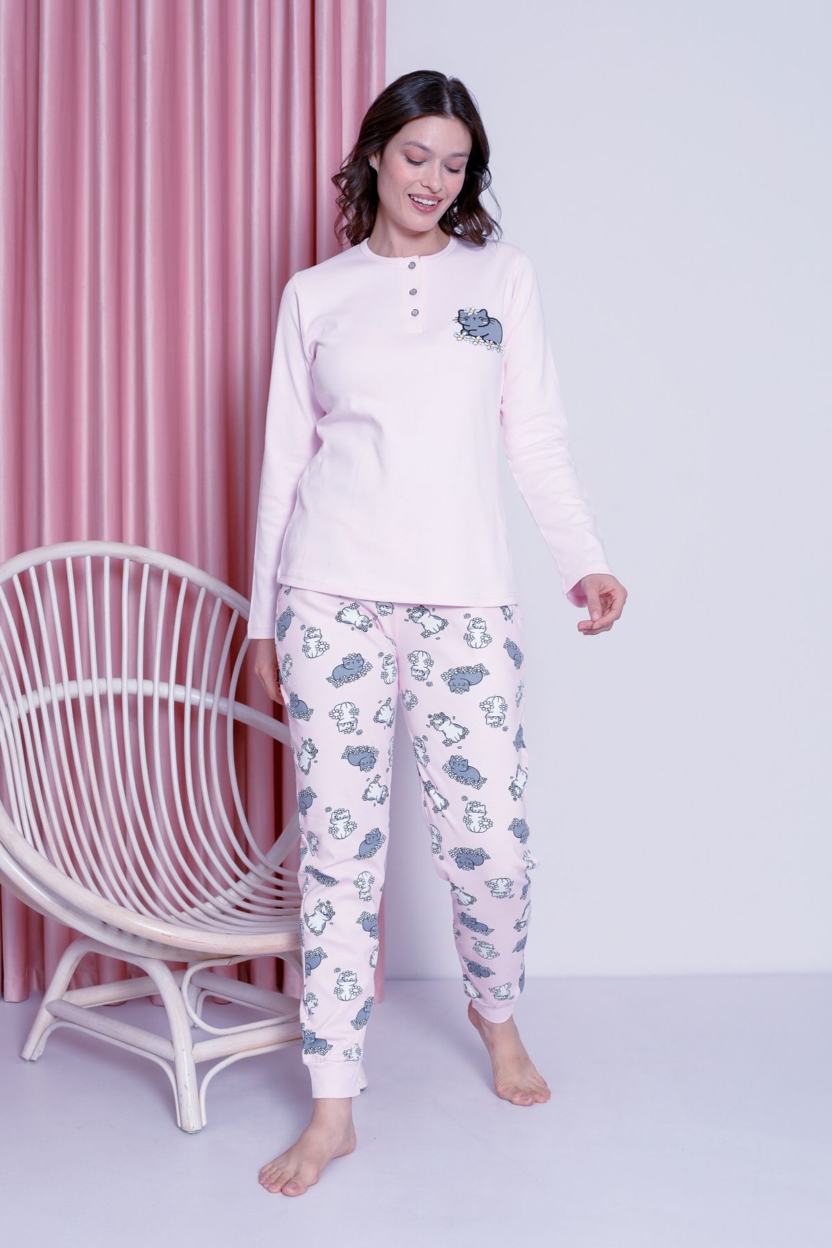 Kadın Pijama Takımı Genç İnterlok Kedi Desenli Paça Ribanalı Pamuklu Mevsimlik W20492256