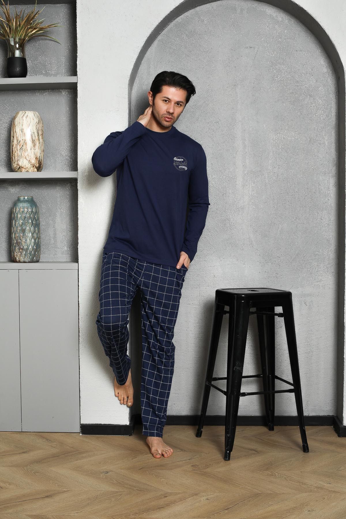 Men's Pajama Set Long Sleeve Single Jersey Plaid Chest Embroidered Cotton Seasonal M58272306