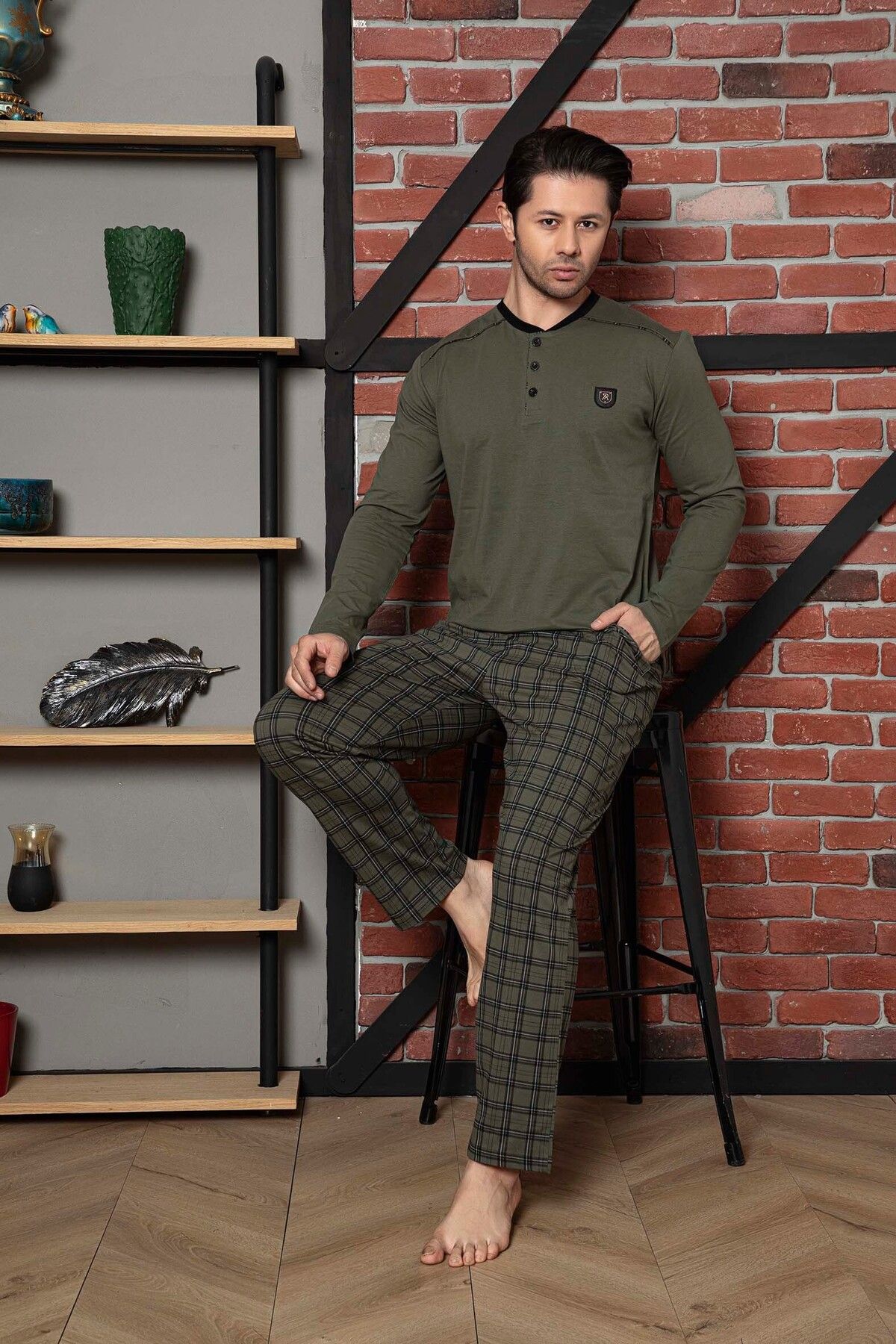 Men's Pajama Set Plaid Long Sleeve Buttoned Crest Cotton M58392338