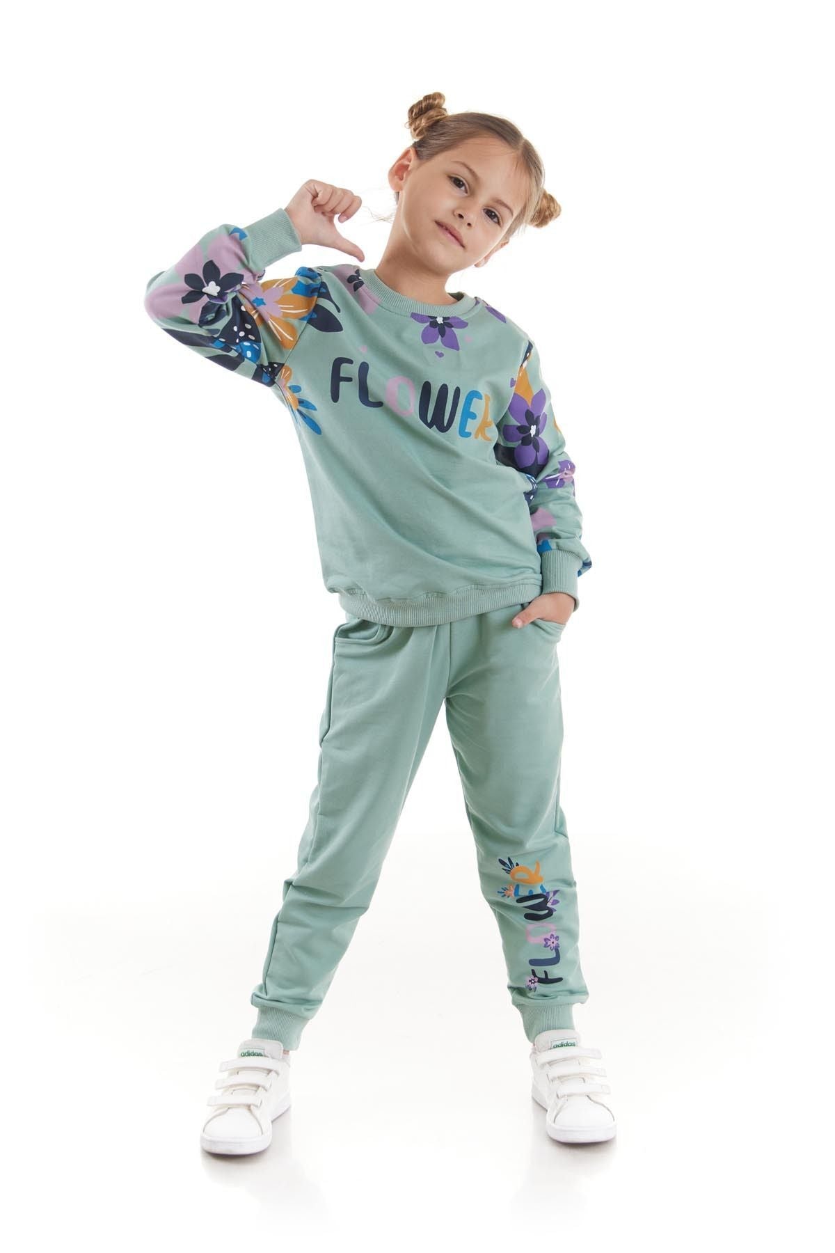 Girl's Tracksuit Set Flower Printed Bottom Top Double Set Cotton Seasonal Ak2505