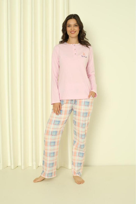 Women's Pajama Set Single Jersey Long Sleeve Under Sleeve Plaid Cotton Seasonal W20302244