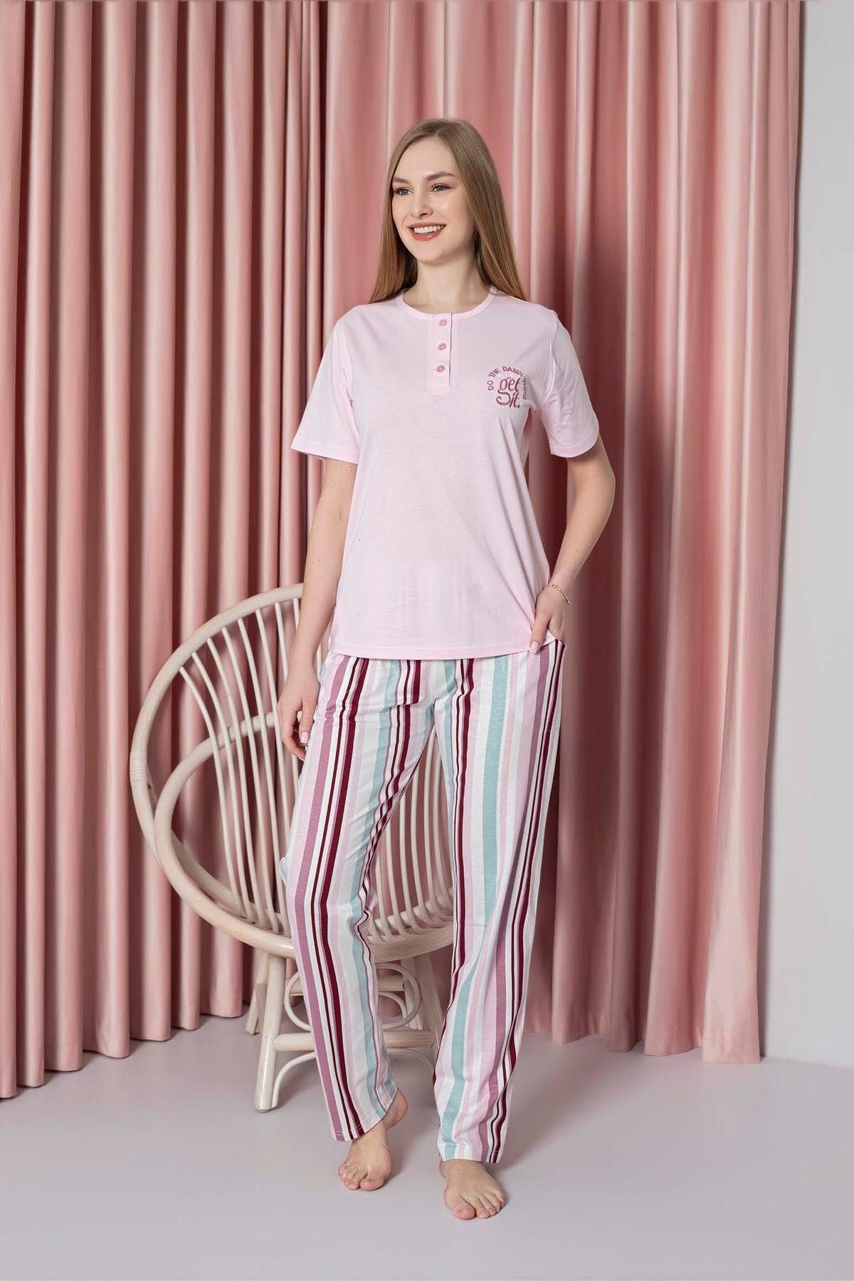 Women's Pajama Set Single Jersey Short Sleeve Bottom Striped Chest Embroidery Cotton W20722328