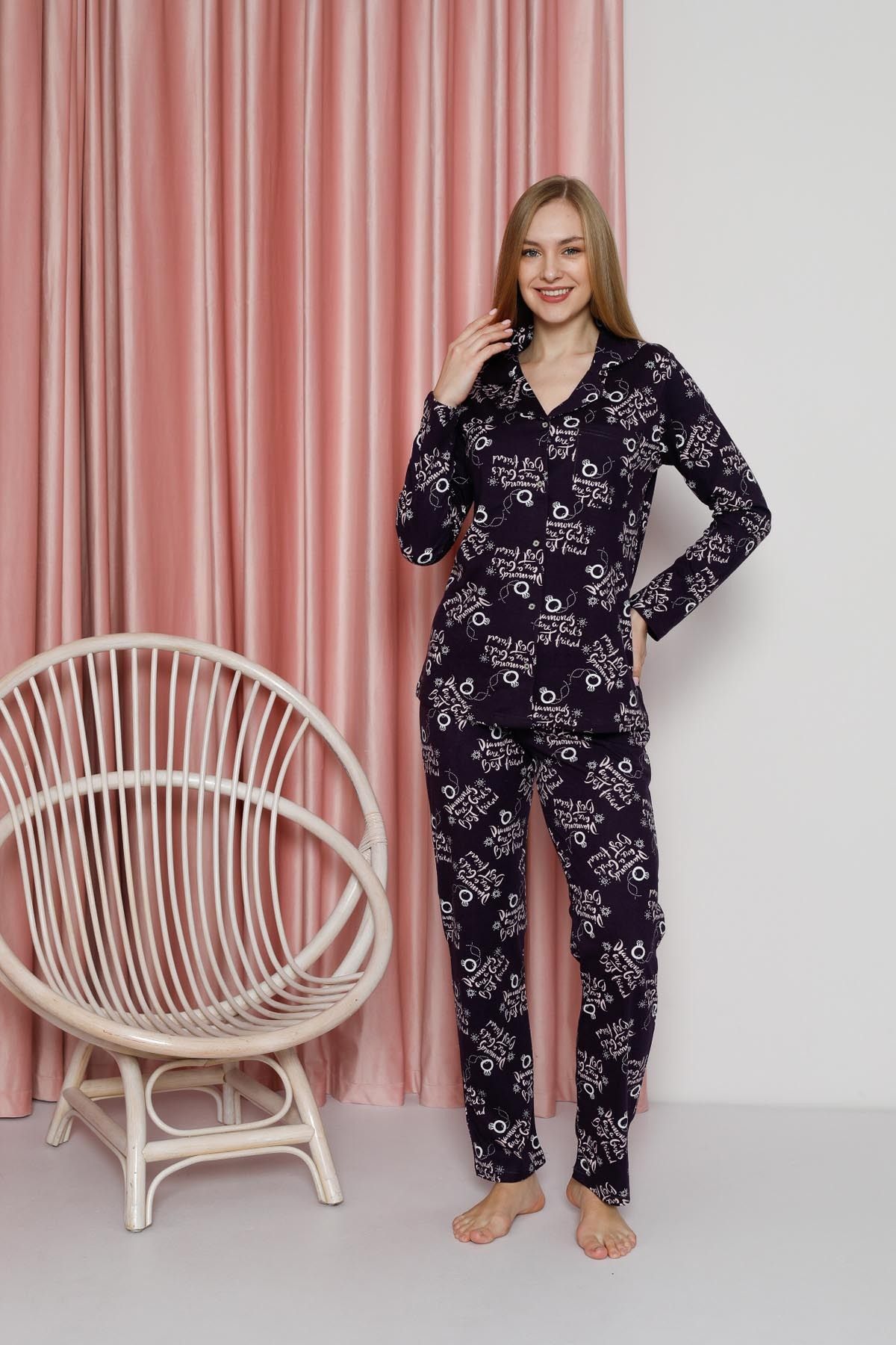 Women's Pajama Set Single Jersey Long Sleeve Long Sleeve Neck Button Down Diamond Printed Cotton Seasonal W20622305