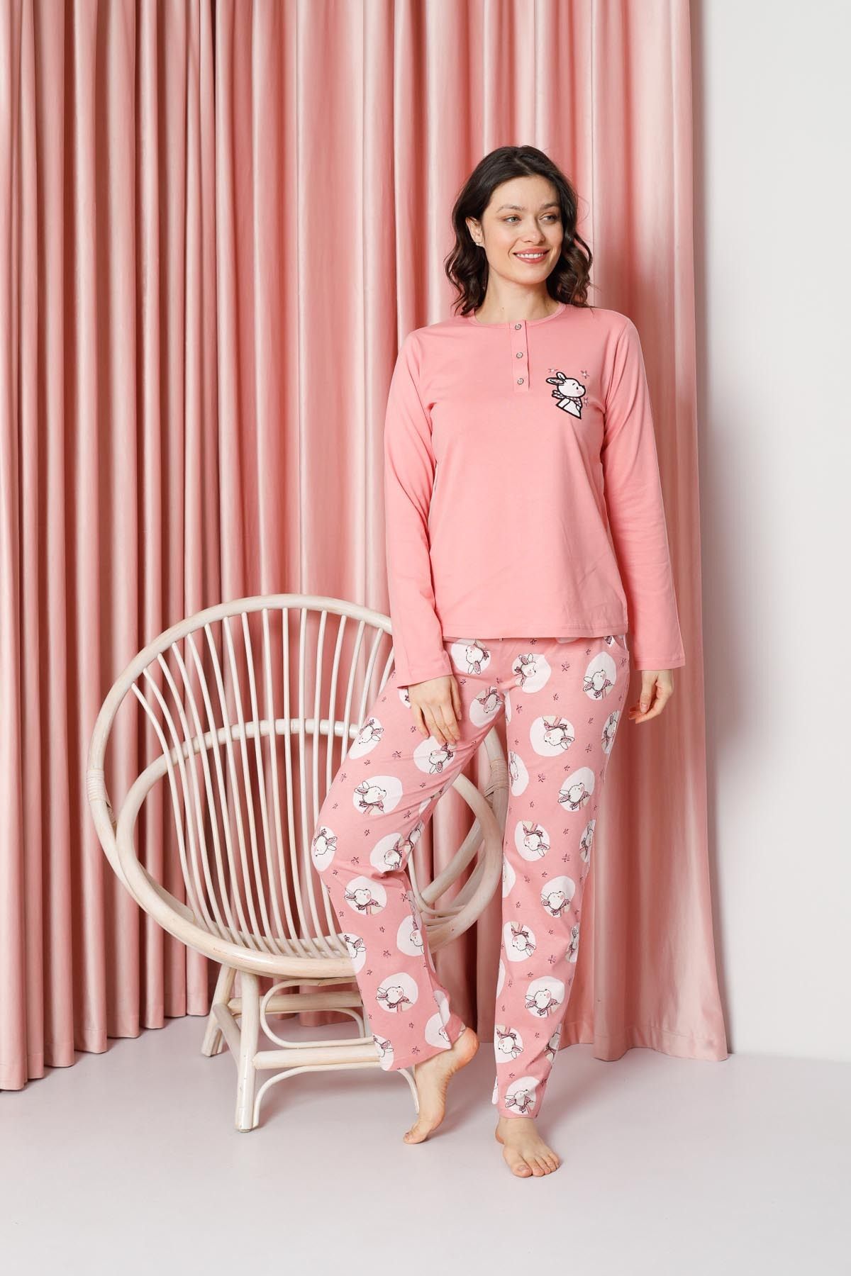 Women's Pajama Set Long Sleeve Rabbit Print Cotton Single Jersey W20632316