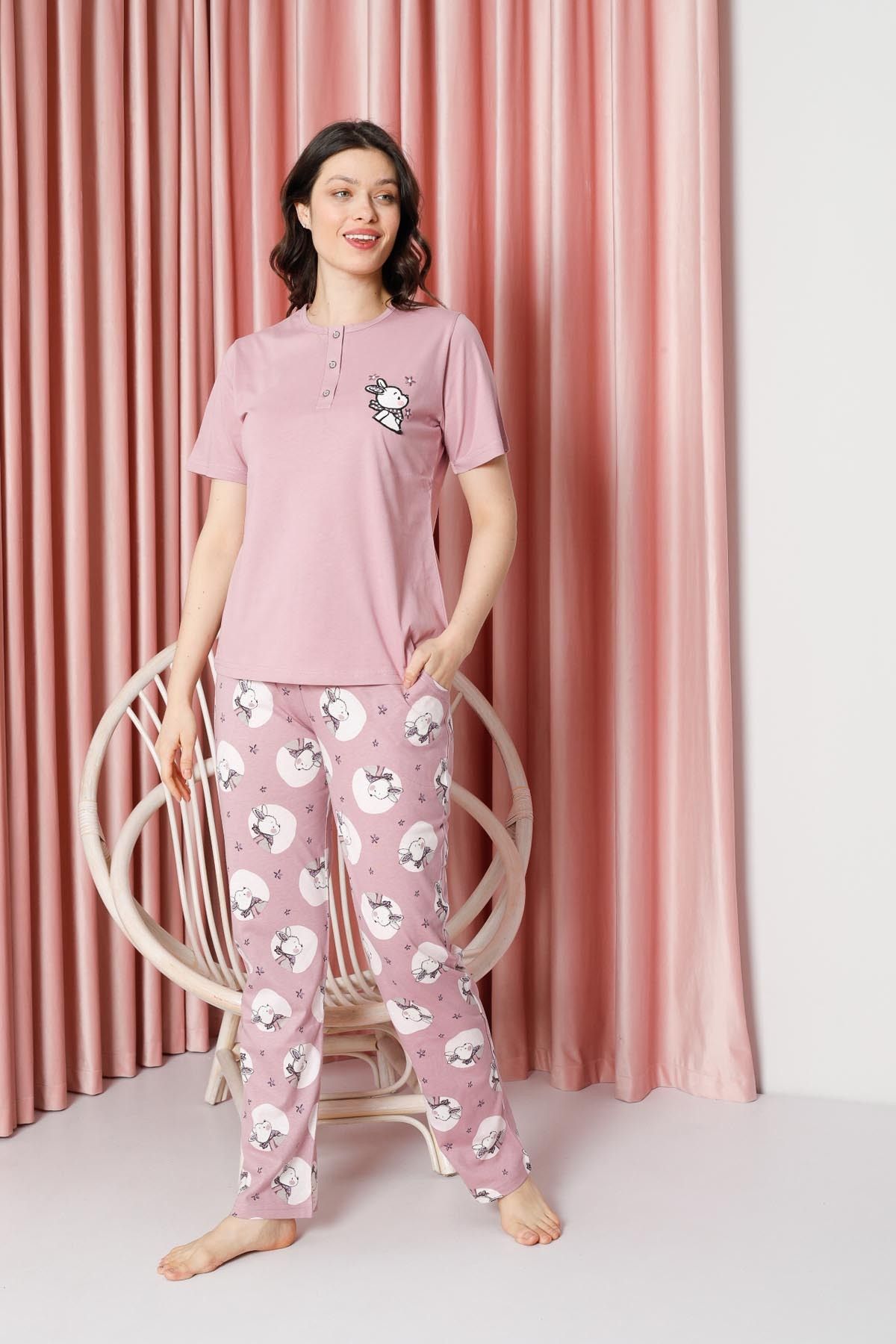 Women's Pajama Set Short Sleeve Rabbit Print Cotton Single Jersey W20642317