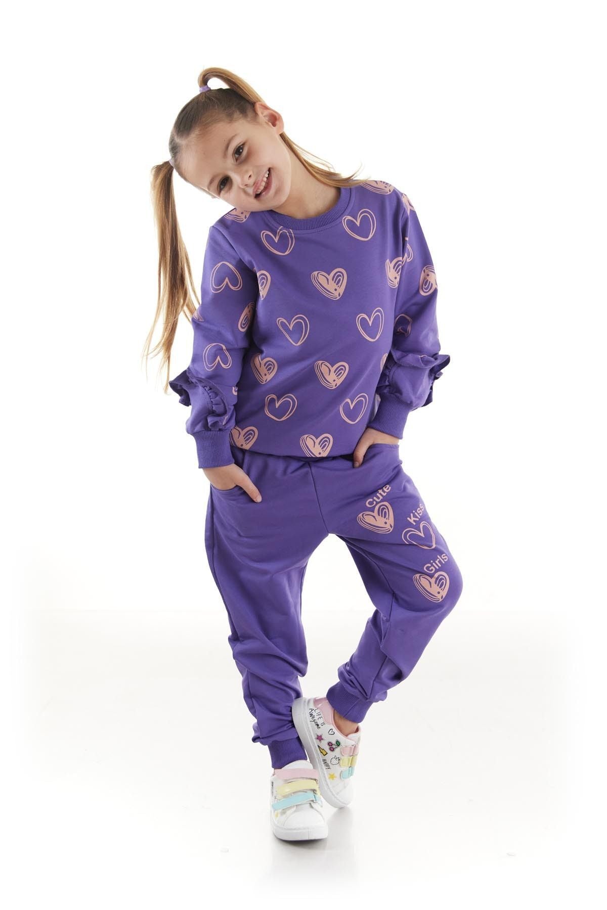 Kids Girls Tracksuit Set Heart Printed Bottom Top Two Piece Set Cotton Seasonal Ak2503