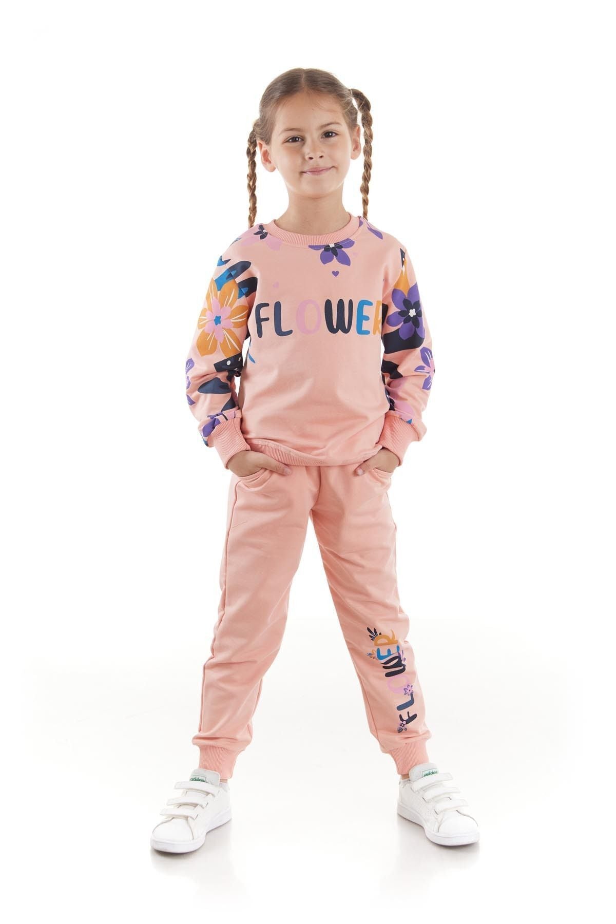 Girl's Tracksuit Set Flower Printed Bottom Top Double Set Cotton Seasonal Ak2505