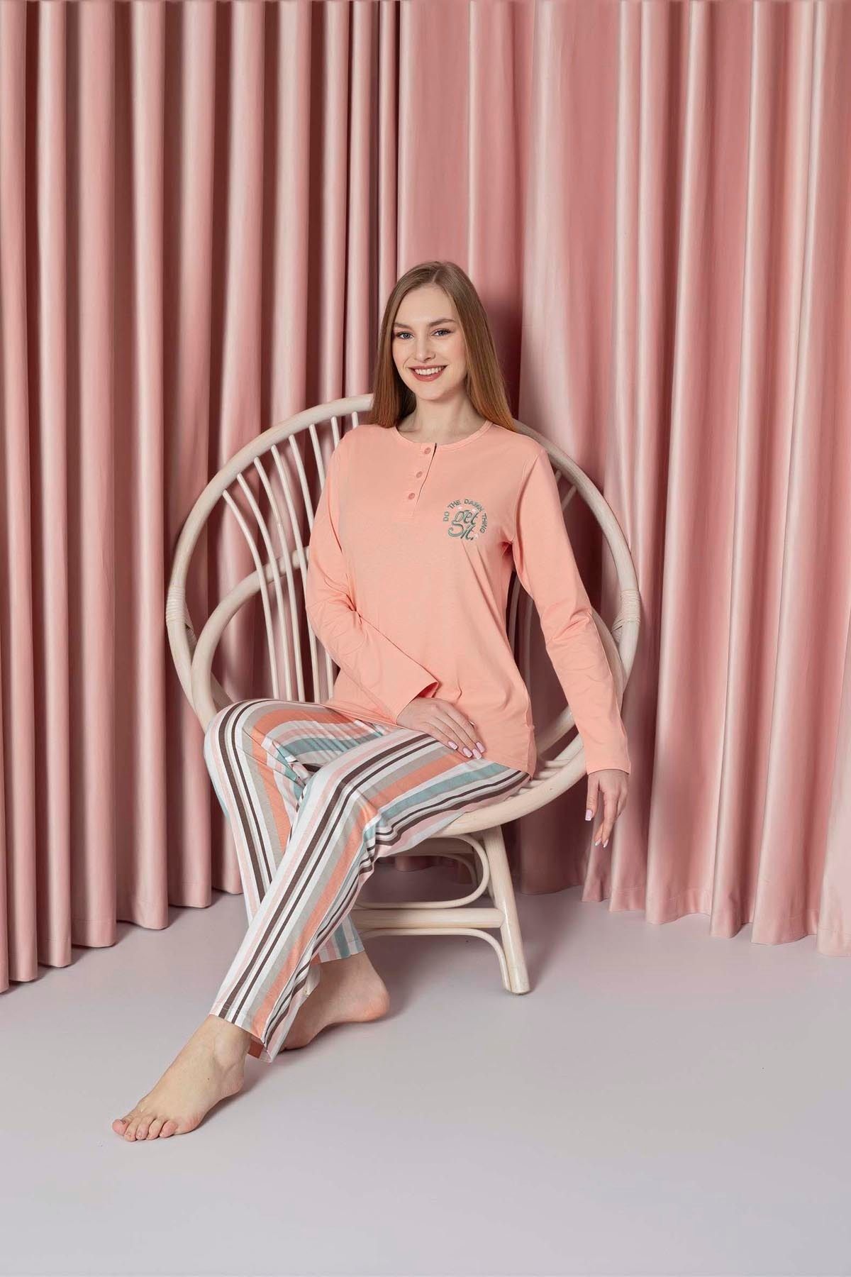 Women's Pajama Set Single Jersey Long Sleeve Bottom Stripe Chest Embroidery Cotton W20712327