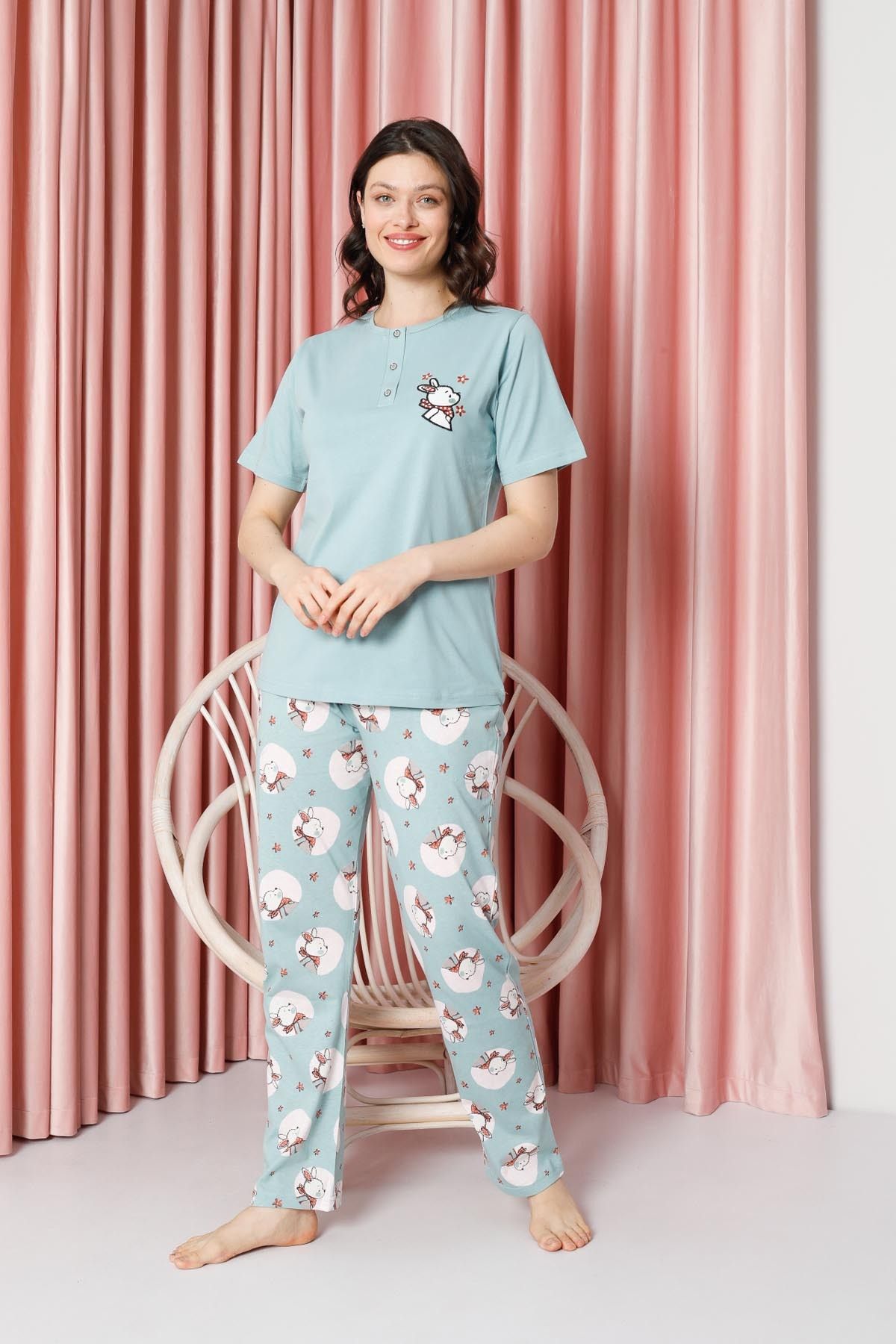 Women's Pajama Set Short Sleeve Rabbit Print Cotton Single Jersey W20642317