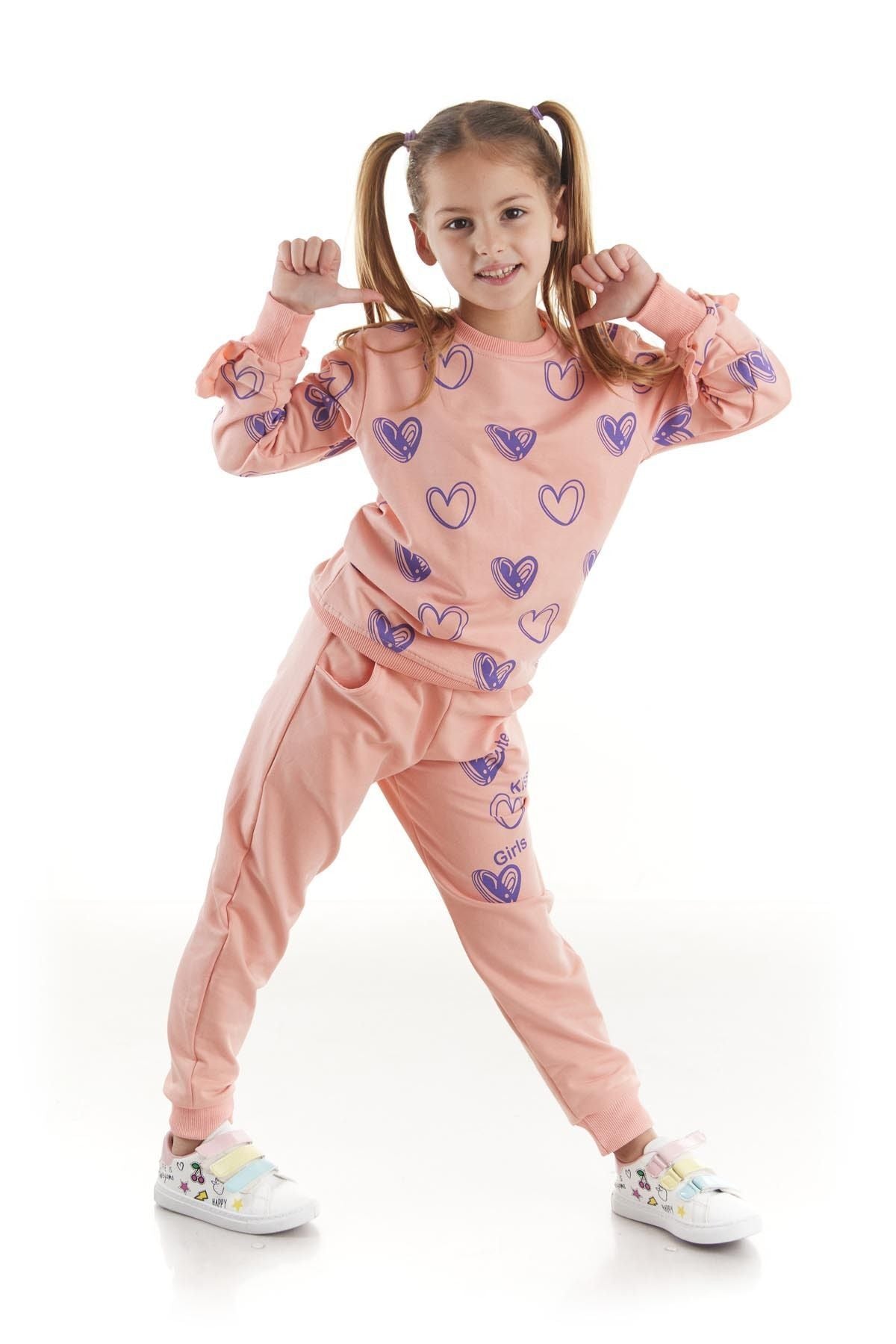 Kids Girls Tracksuit Set Heart Printed Bottom Top Two Piece Set Cotton Seasonal Ak2503