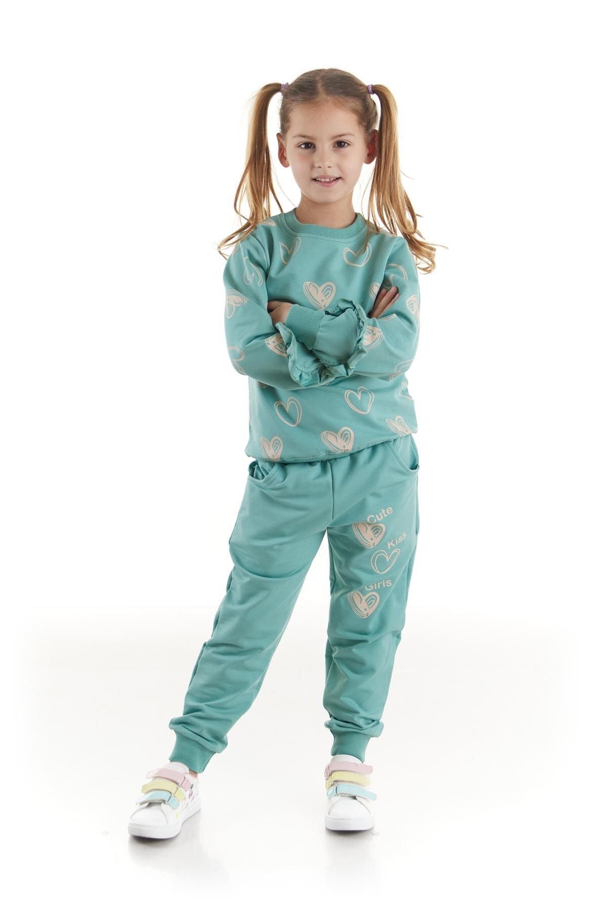 Kids Girls Tracksuit Set Heart Printed Bottom Top Two Piece Set Cotton Seasonal Ak2503