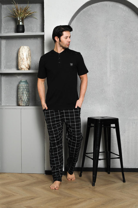 Men's Pajama Set Single Jersey Short Sleeve Short Sleeve Plaid Shoulder Padded Crest Cotton M58342319