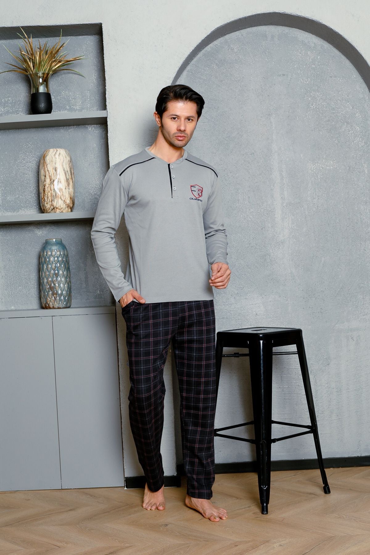 Men's Pajama Set Interlock Shoulder Interlock Plaid Cotton Seasonal M70132275