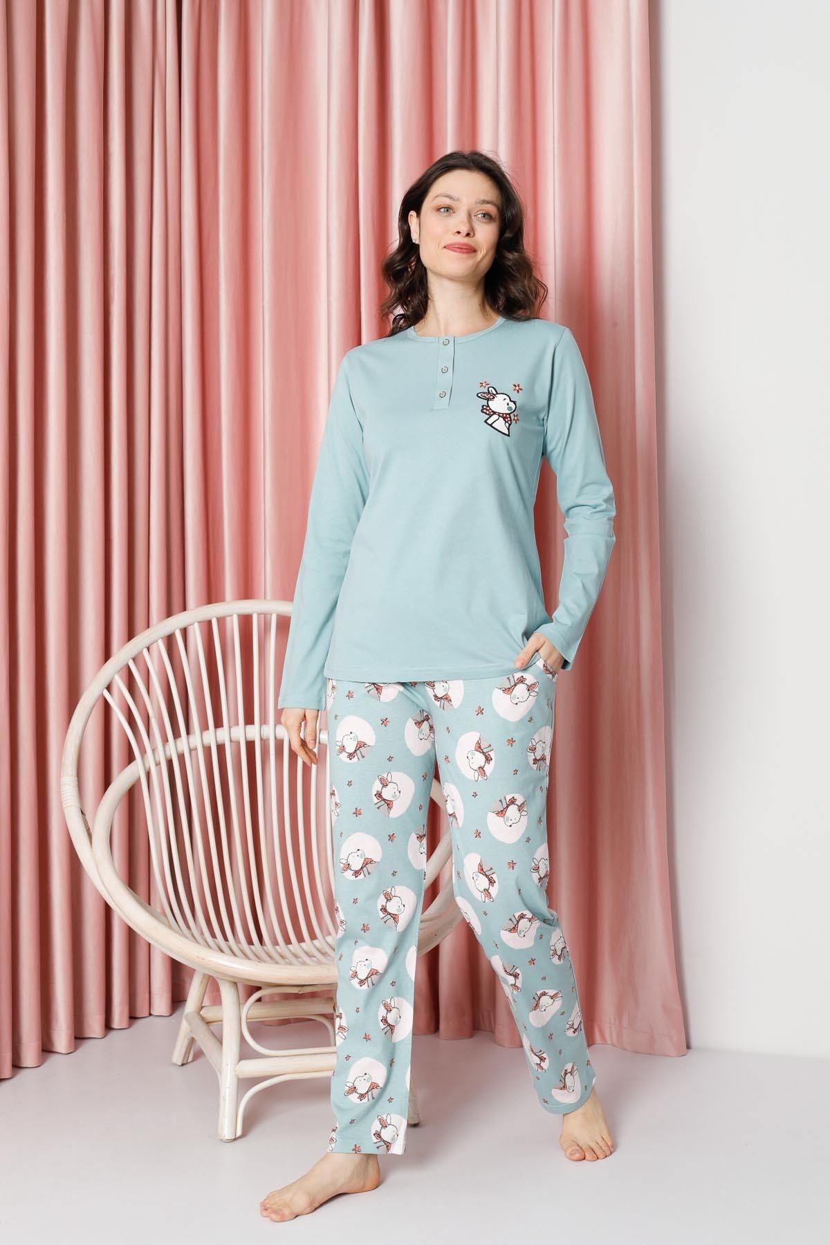 Women's Pajama Set Long Sleeve Rabbit Print Cotton Single Jersey W20632316