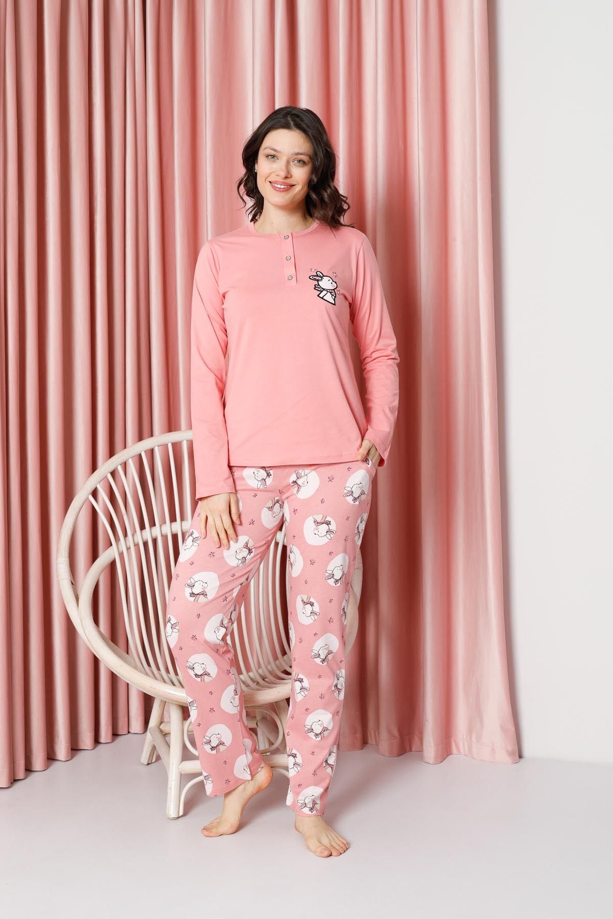 Women's Pajama Set Long Sleeve Rabbit Print Cotton Single Jersey W20632316