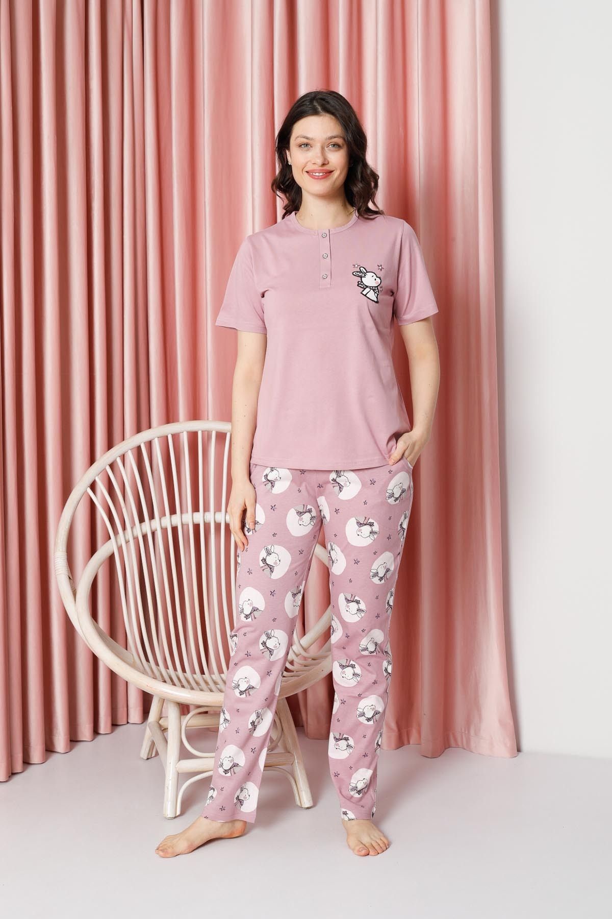 Women's Pajama Set Short Sleeve Rabbit Print Cotton Single Jersey W20642317