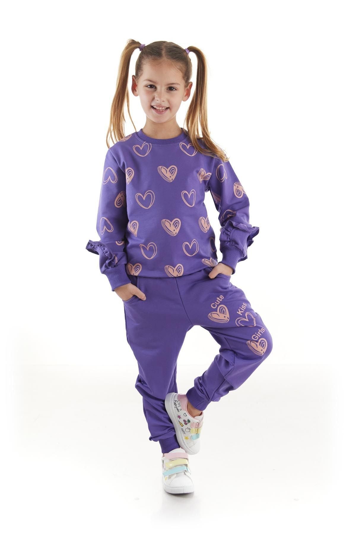 Kids Girls Tracksuit Set Heart Printed Bottom Top Two Piece Set Cotton Seasonal Ak2503